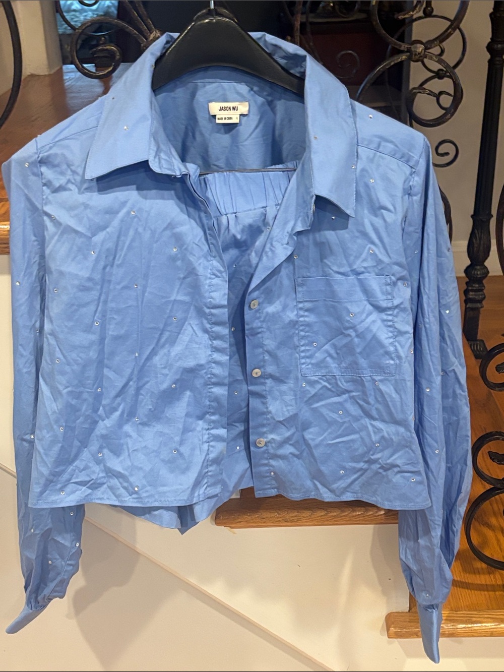 Jason Wu Light Blue Cropped Shirt with matching shorts with rhinestones